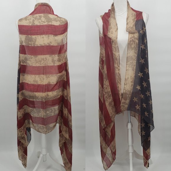 American Flag Scarf Vest Boho Antiqued Americana Festival One Size NWT - Picture 2 of 7